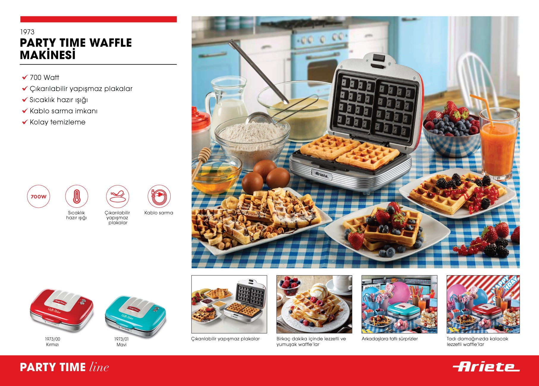 Ariete Party Time Waffle Makinesi, Mavi 1973/01