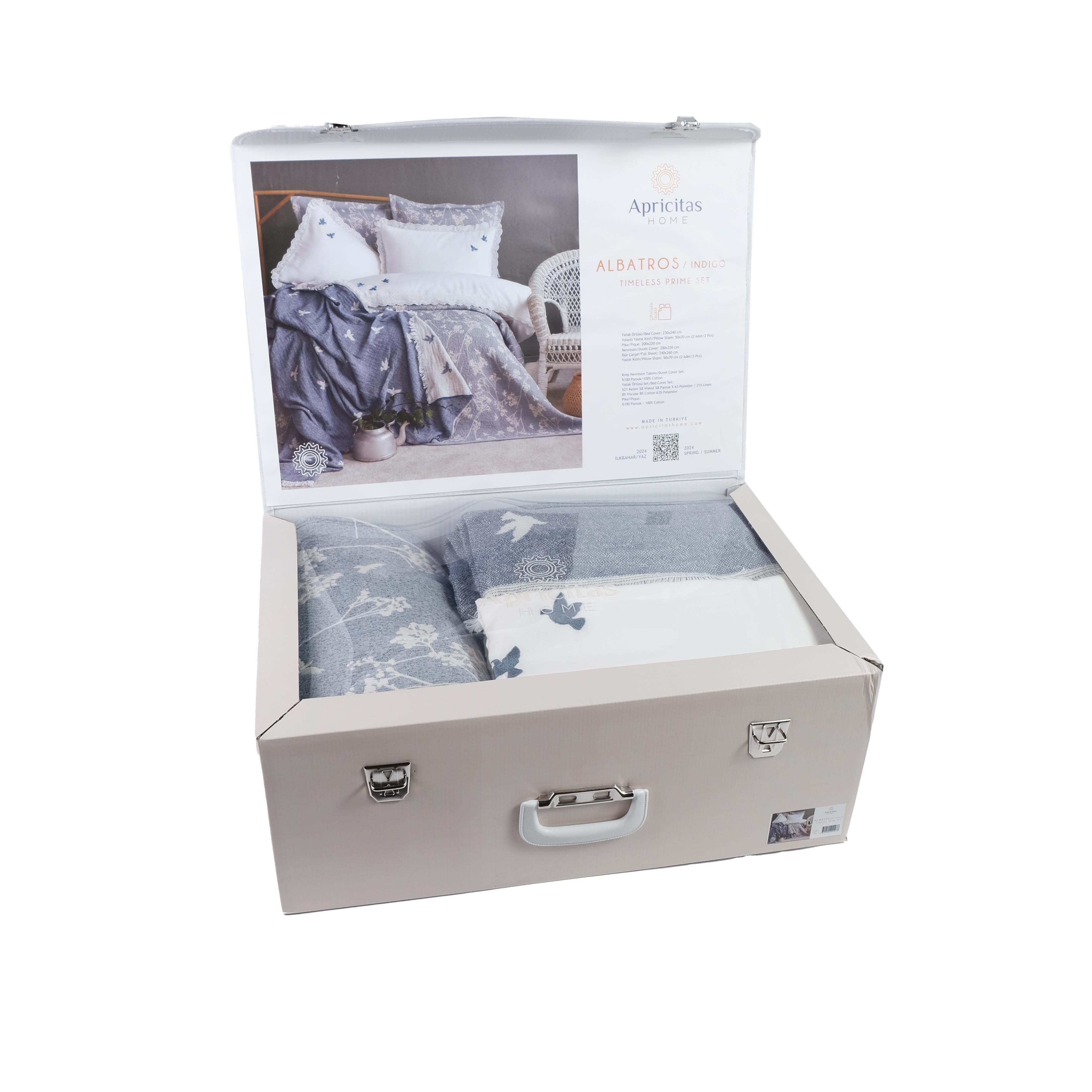 Apricitas Home Albatros Indıgo Çift Kişilik Timeless Prime Set Yatak Örtüsü Nevresim Takımı