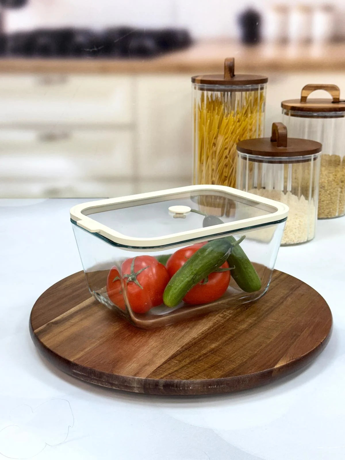 Hıelo 2600 Ml Cam Saklama Kabı-Krem Şerit