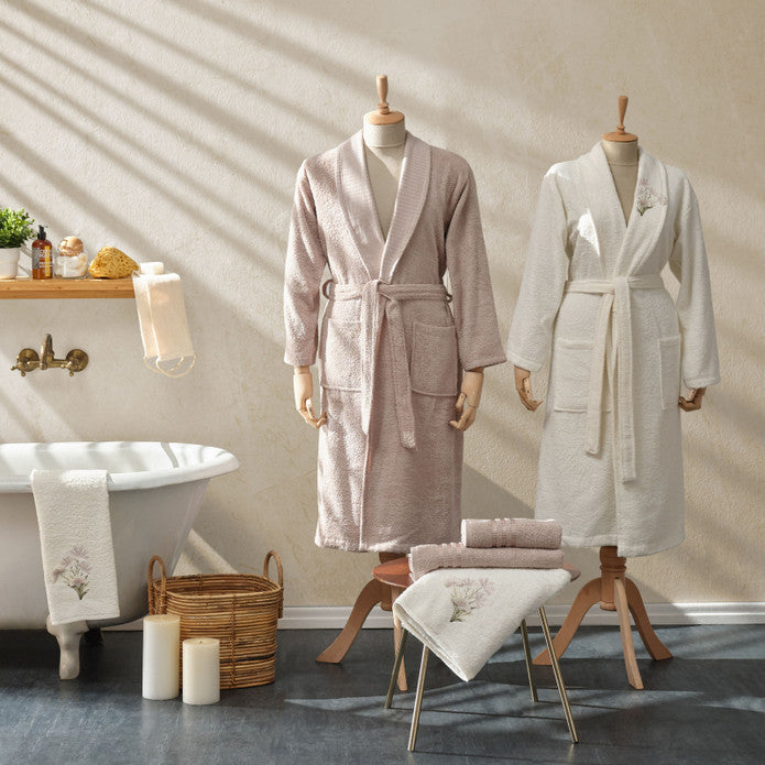 Karaca Home Flower 3D Nakışlı 6 Parça Bornoz/Beden/Baş Havlusu Aile Banyo Seti Sarı Offwhite Bej