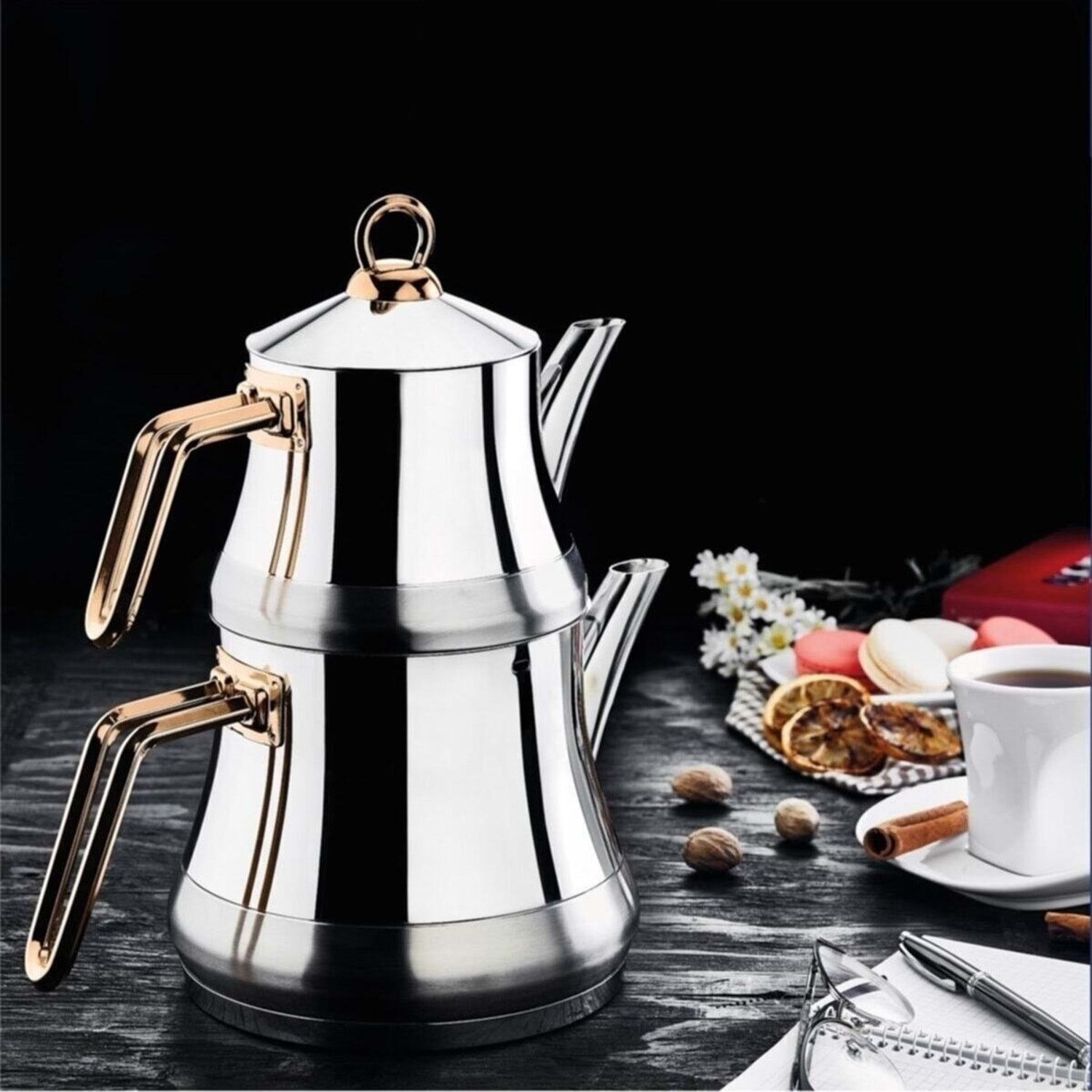 STEEL TEAPOT MEDIUM WITH COPPER HANDLE