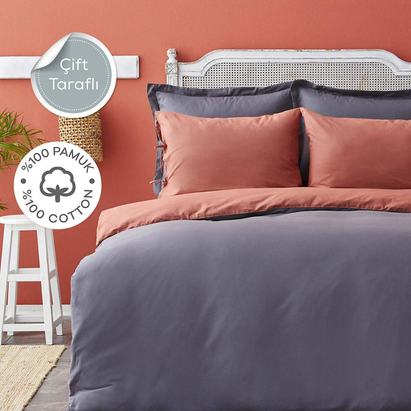 Karaca Home %100 Pamuk Basic Çift Taraflı Çift Kişilik Nevresim Takımı Antrasit