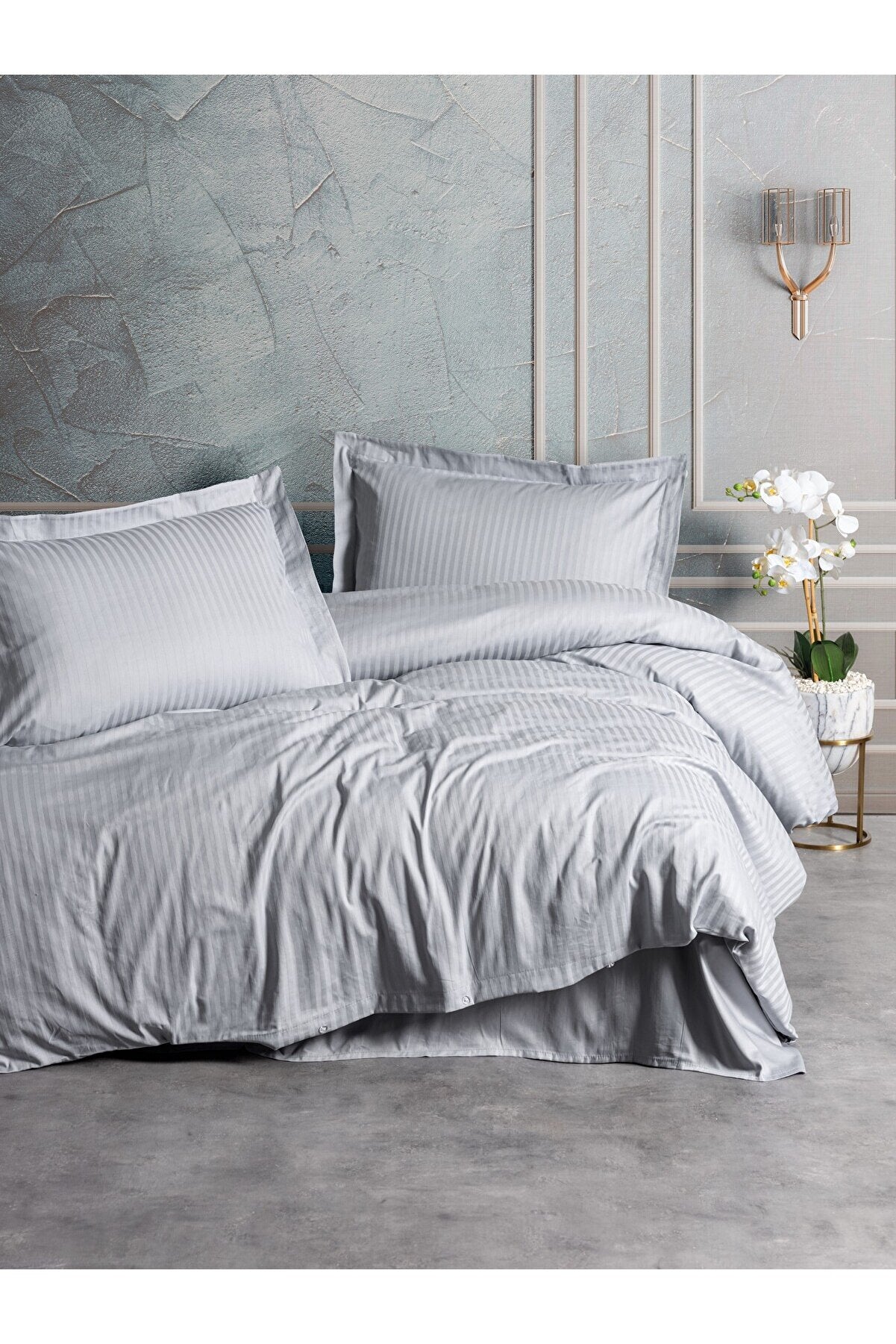 Elegant Stripe Satin Double Duvet Cover Set Gray