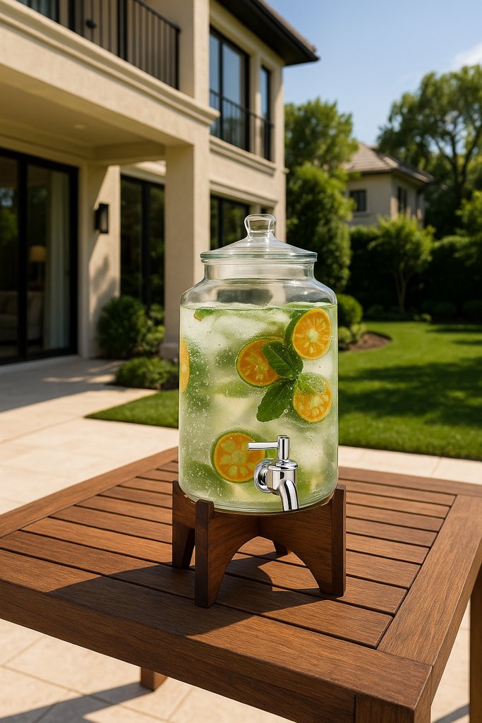 3 Litre Cam Sebil Musluklu İçecek Dispenseri Akasya Standlı Limonata & Soğuk İçecek Sürahi