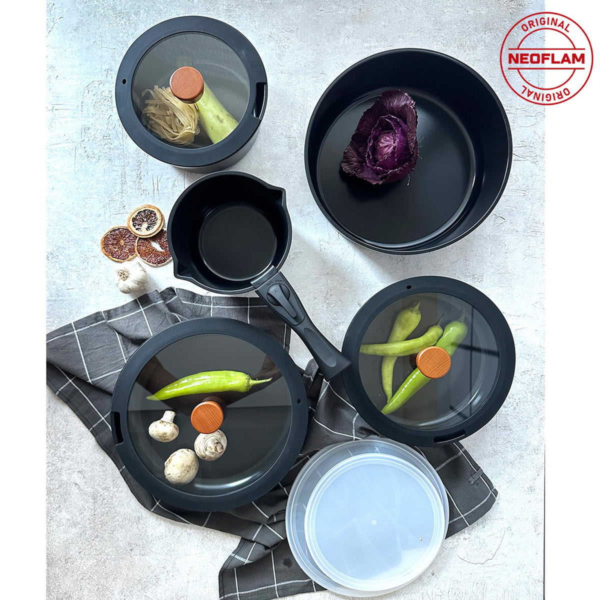 Neoflam Midas Black 11 Piece Nesting Induction Pot and Pan Set with Detachable Handle