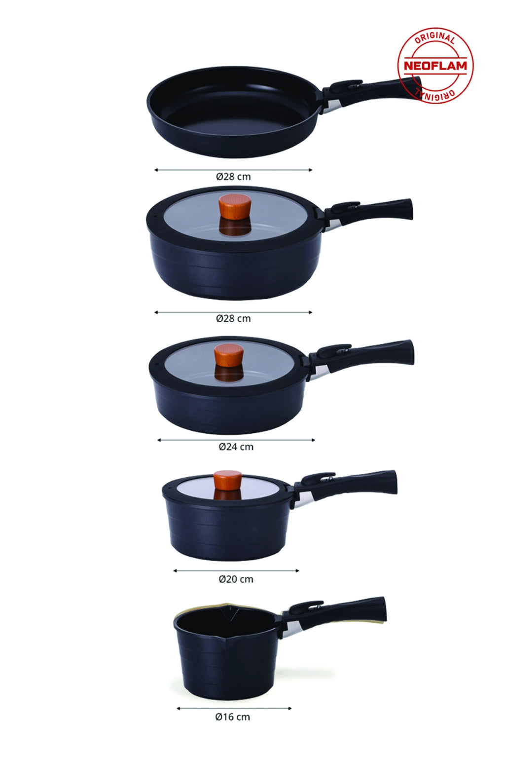 Neoflam Midas Black 11 Piece Nesting Induction Pot and Pan Set with Detachable Handle