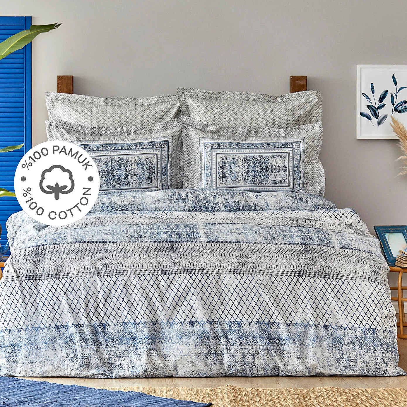 Karaca Home Gianna İndigo %100 Pamuk Çift Kişilik Nevresim Takımı