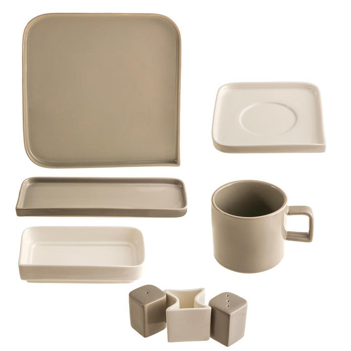 Jumbo Quadro Gray Porcelain 27 Piece Breakfast/Serving Set for 6 People 