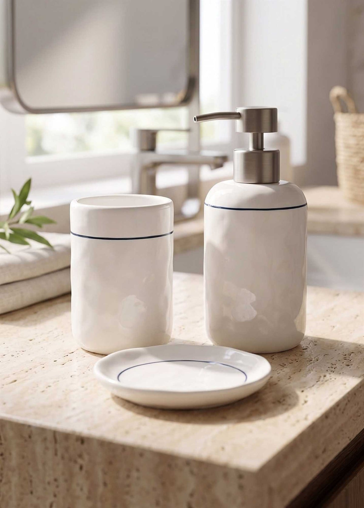 The Mia Pure Banyo Seti Beyaz Mavi 3 Parça