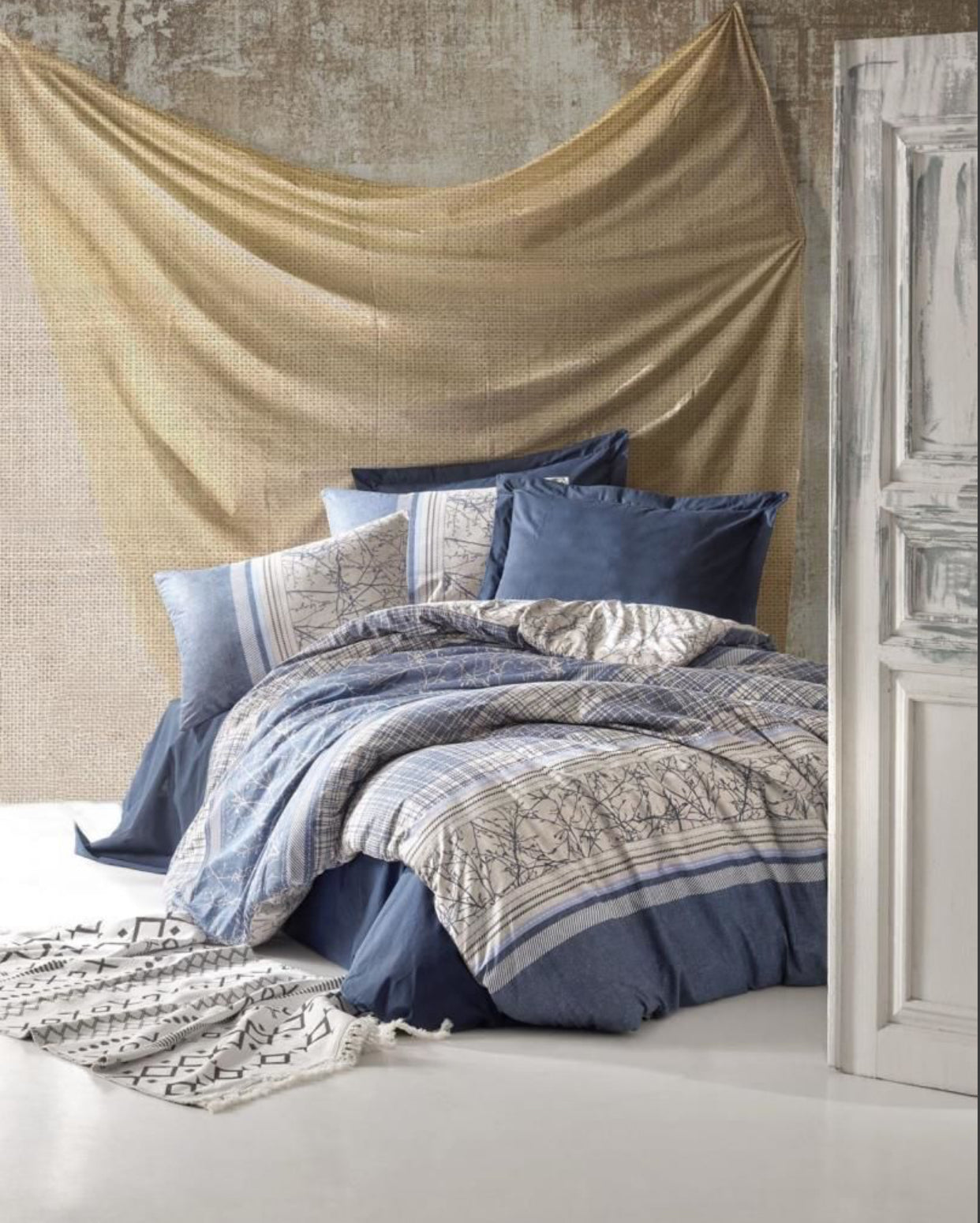 Cotton Box Toprak Ranforce Double Duvet Cover Set - Serra Navy Blue