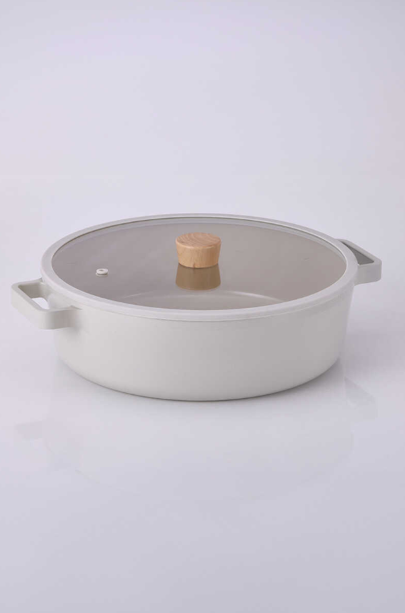 FİKA CAST ALUMINUM SHALLOW POT WITH GLASS LID BEIGE 30CM 