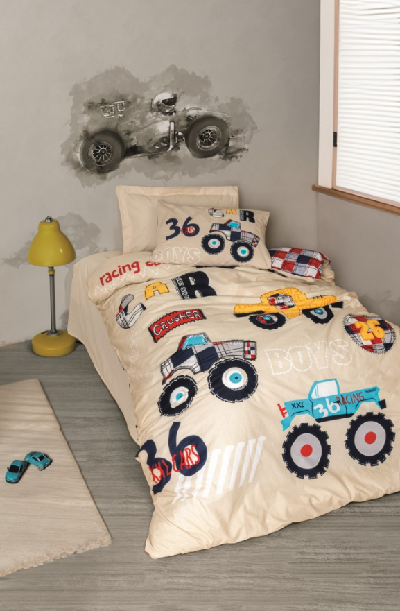 Junior Single Duvet Cover Set with Elastic Sheets Cars Beige