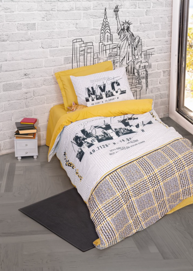 Young Room Single Duvet Cover Set with Elastic Sheets Worldwide Mustard