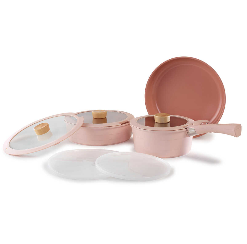 Neoflam Midas Pink 9-Piece Nesting Pots and Pans Set with Detachable Handle