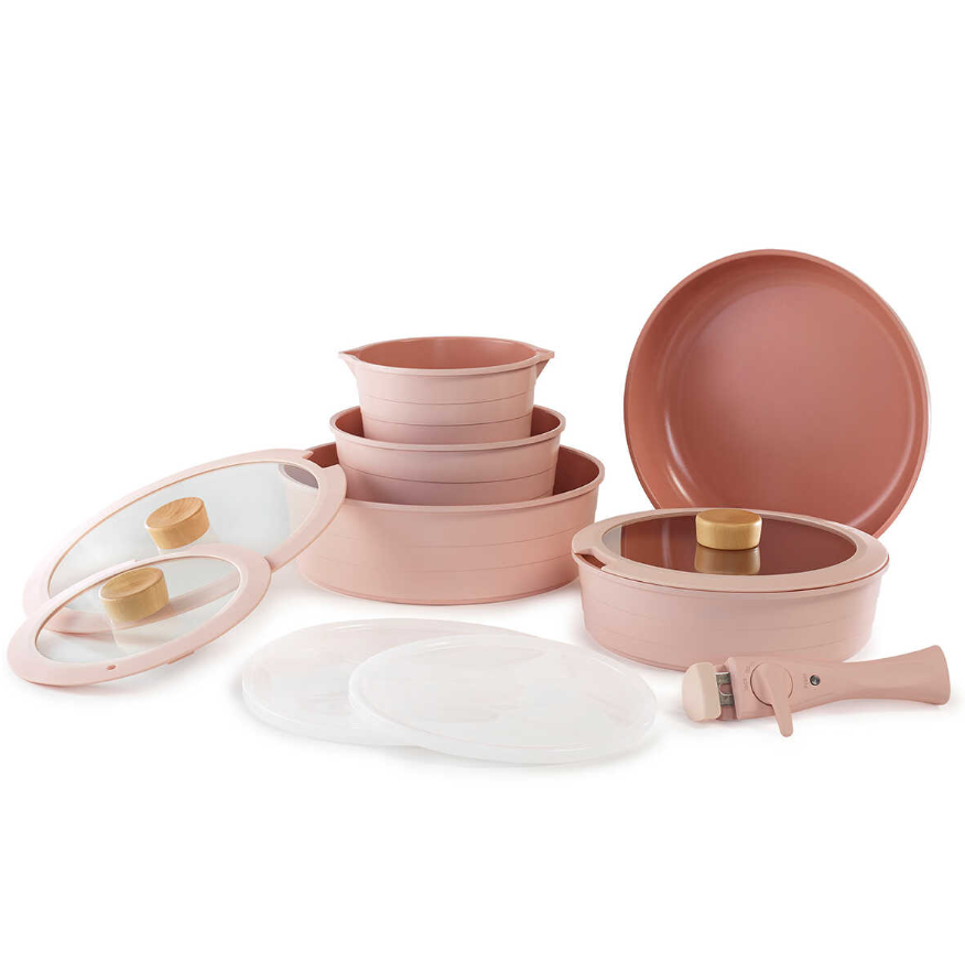 Neoflam Midas Pink 11 Piece Nesting Pots and Pans Set with Detachable Handle