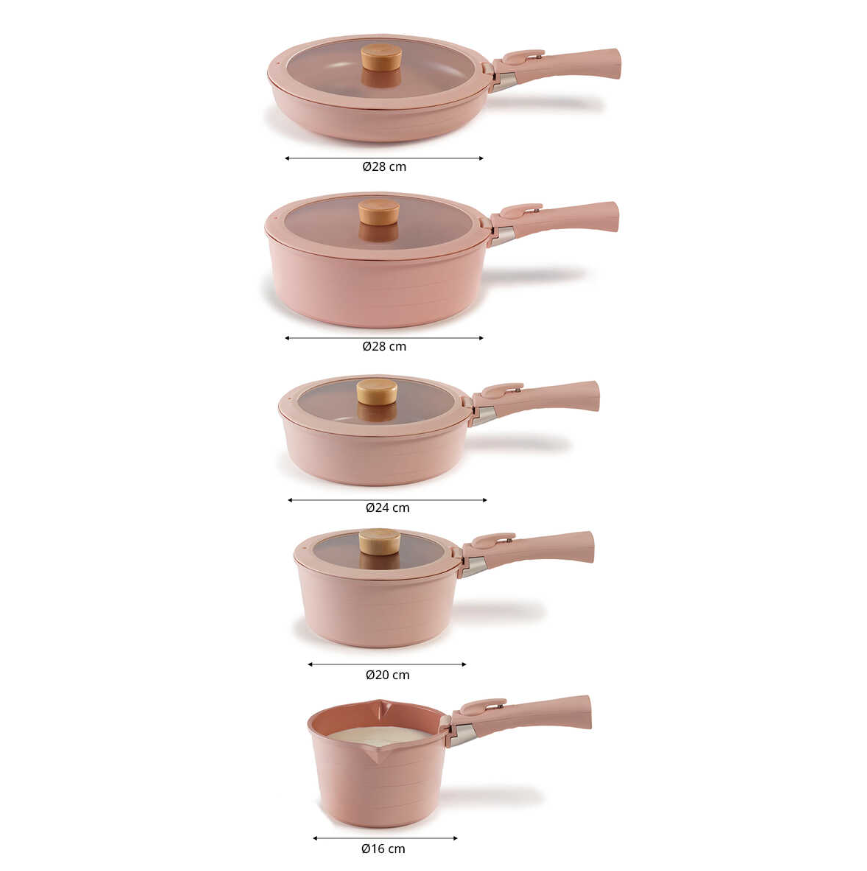 Neoflam Midas Pink 11 Piece Nesting Pots and Pans Set with Detachable Handle