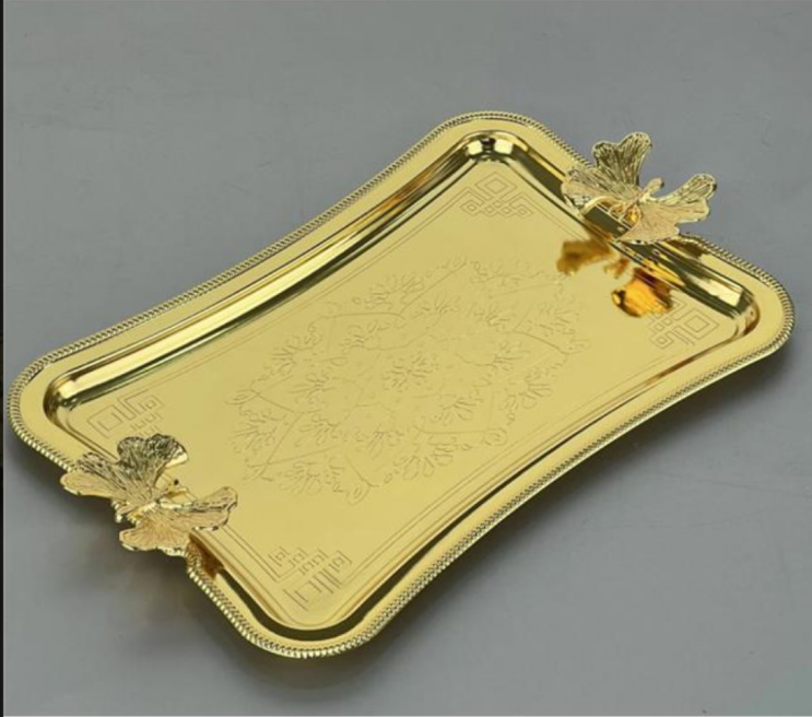 Arow  Metal Kelebek Kulplu Sunumluk Tepsi Gold 28x17cm