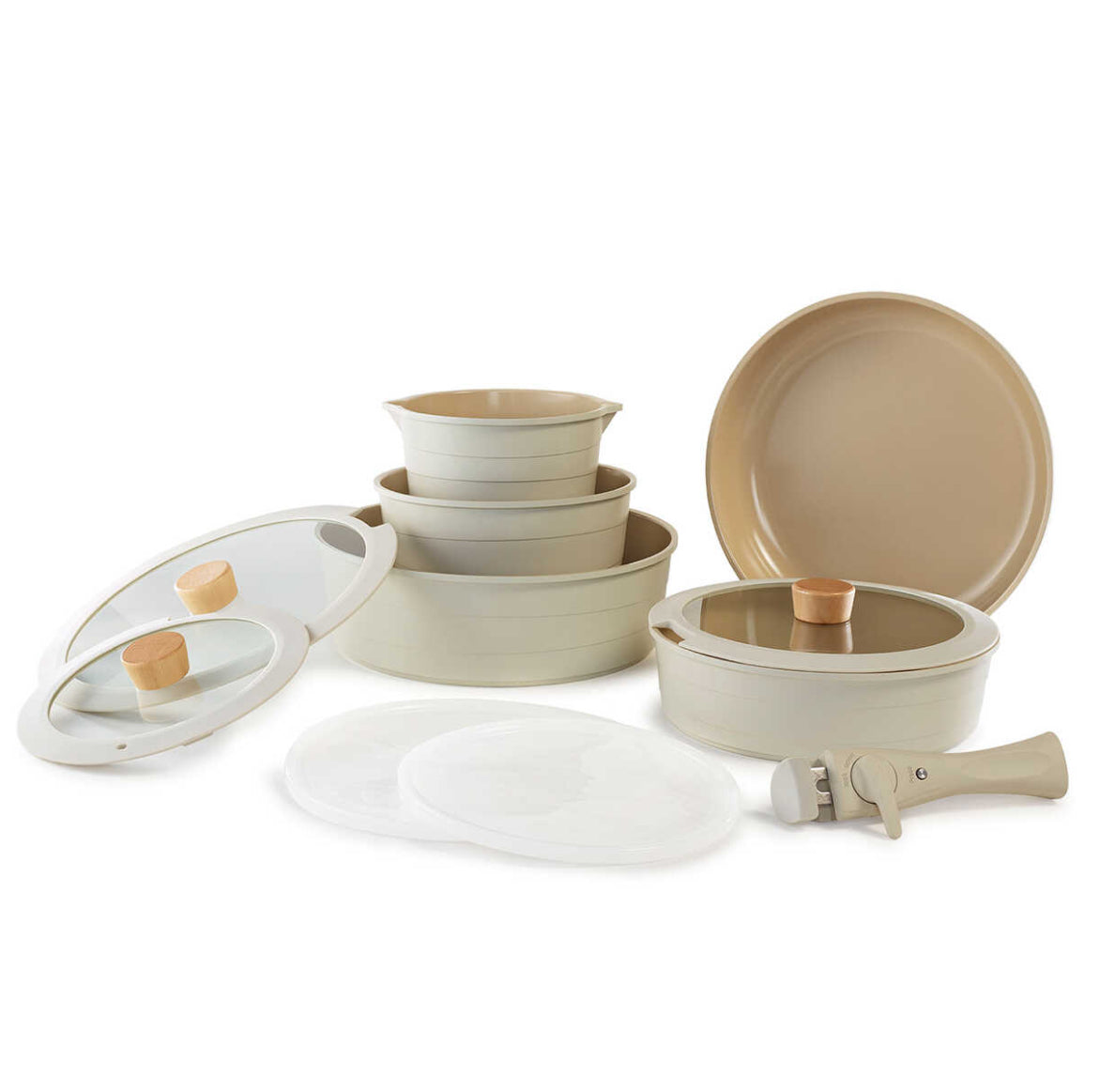 Neoflam Midas Beige 11 Piece Nesting Pots and Pans Set with Detachable Handle