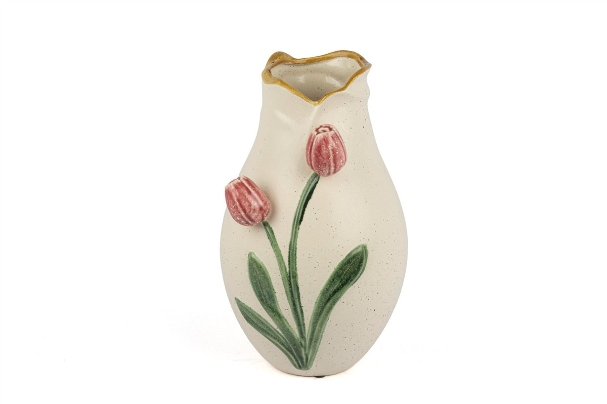 Mikasa Moor Krem Pembe Lale Kabartmalı Vazo 23x36cm