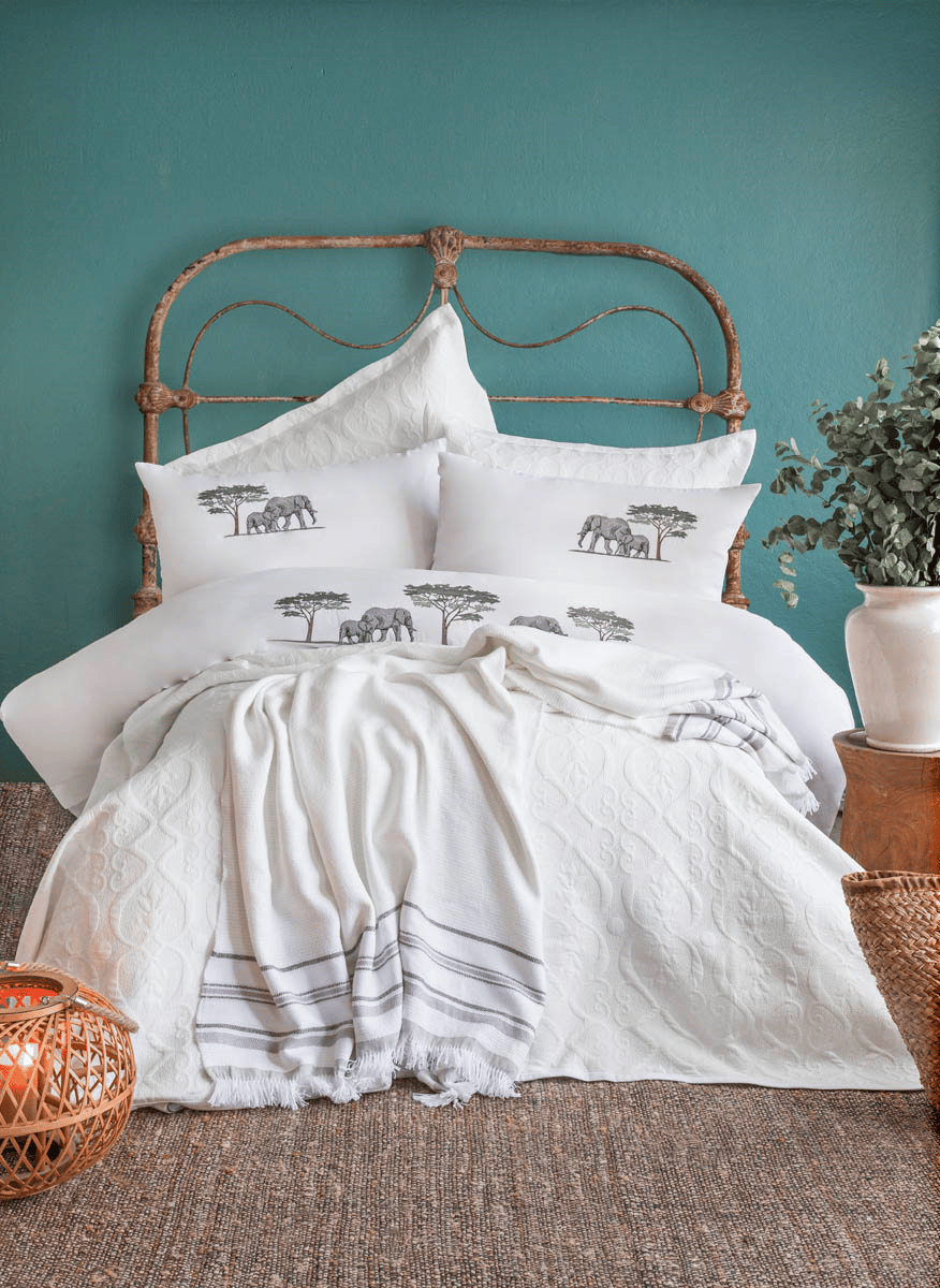 Çift Kişilik Aleph White Timeless Yatak Örtüsü Nevresim Prime Set