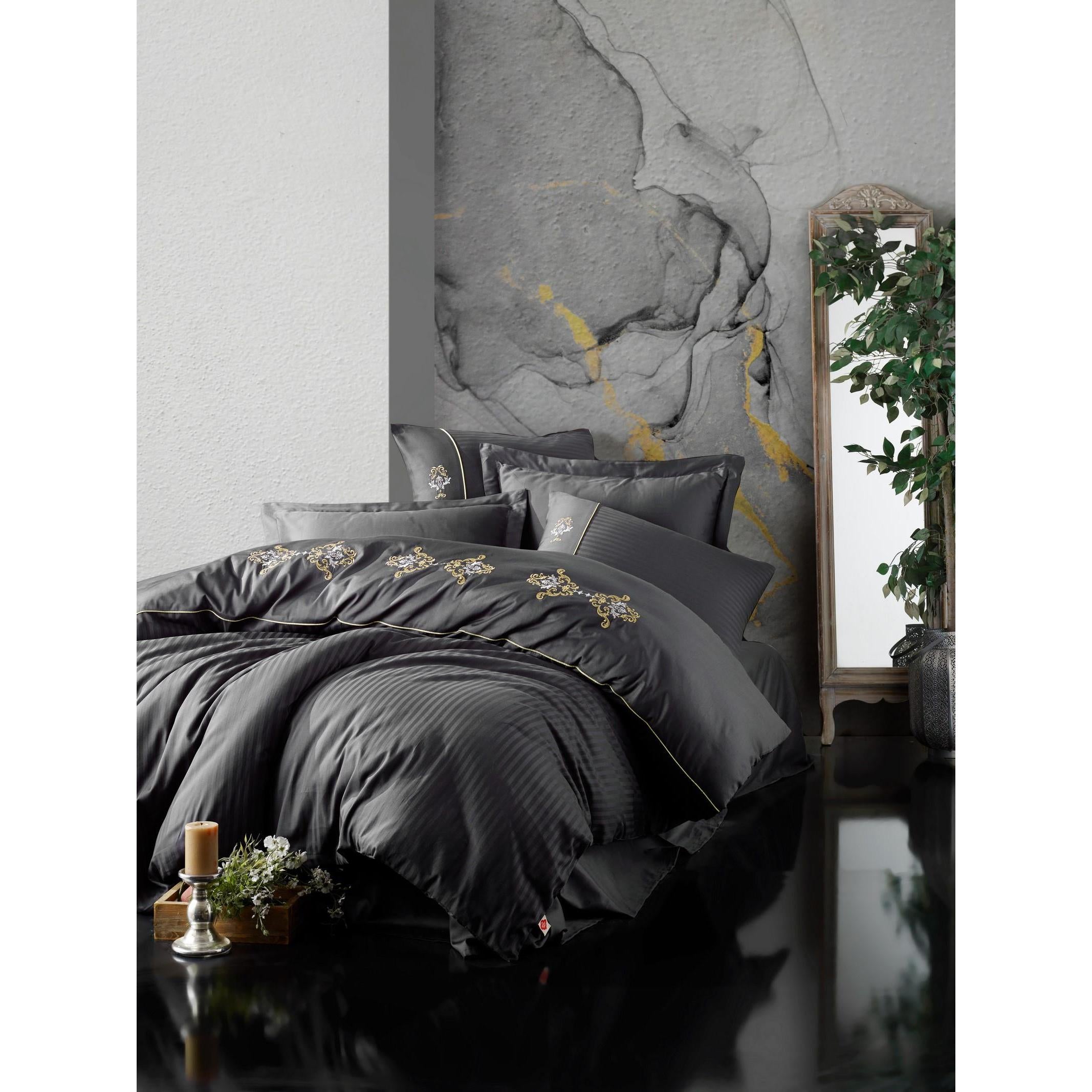 Cotton Box Embroidered Double Satin Duvet Cover Set King Anthracite 