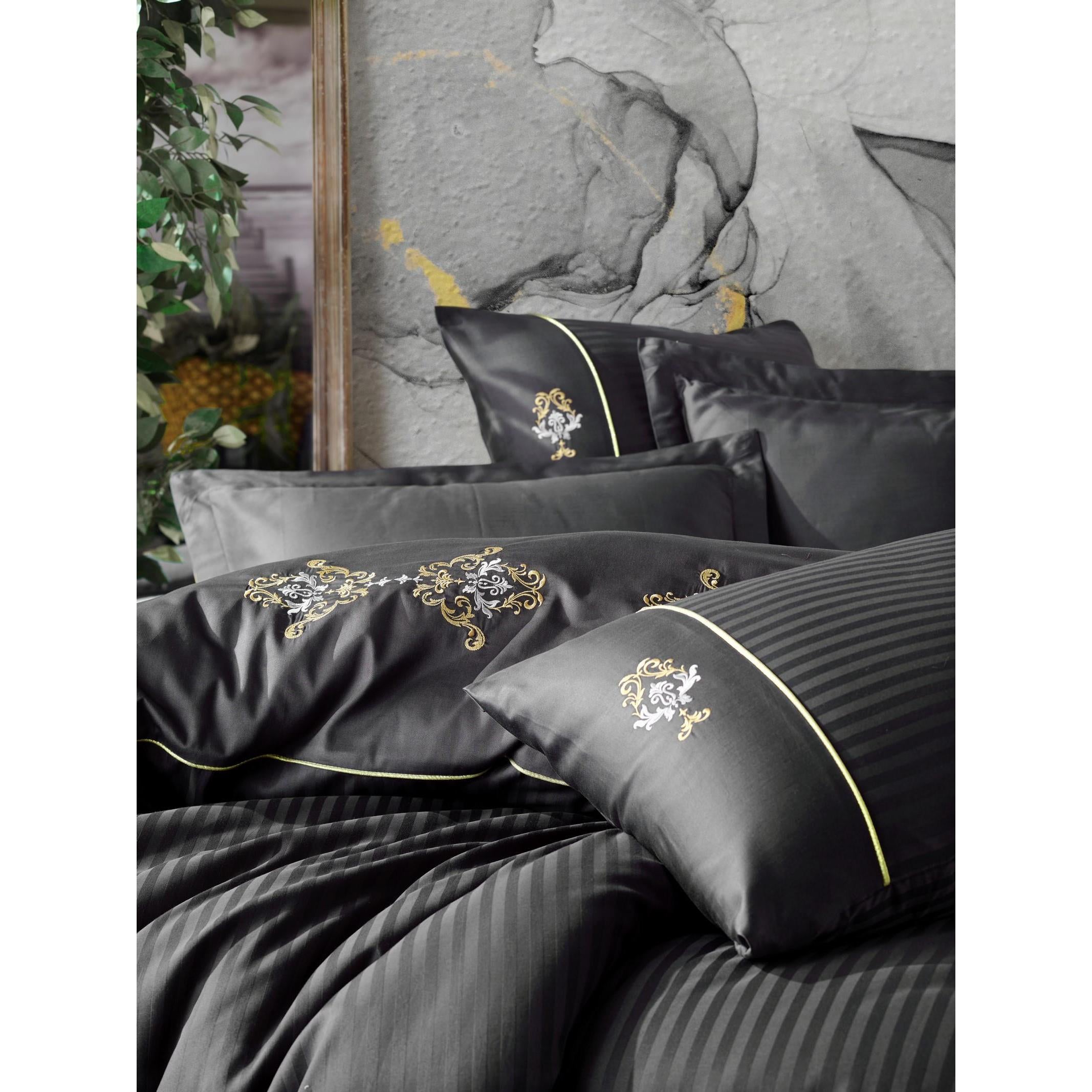 Cotton Box Embroidered Double Satin Duvet Cover Set King Anthracite 