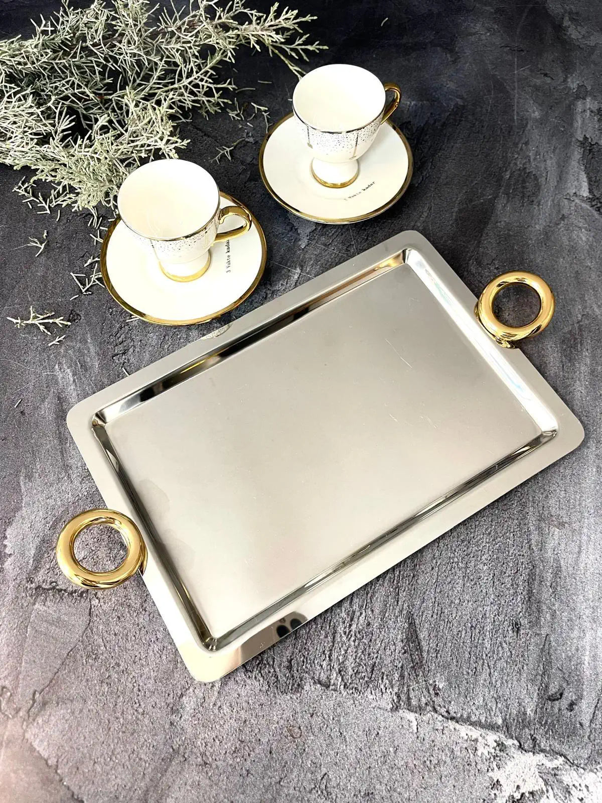 Dikdörtgen Altın Kulplu İkramlık Tepsi