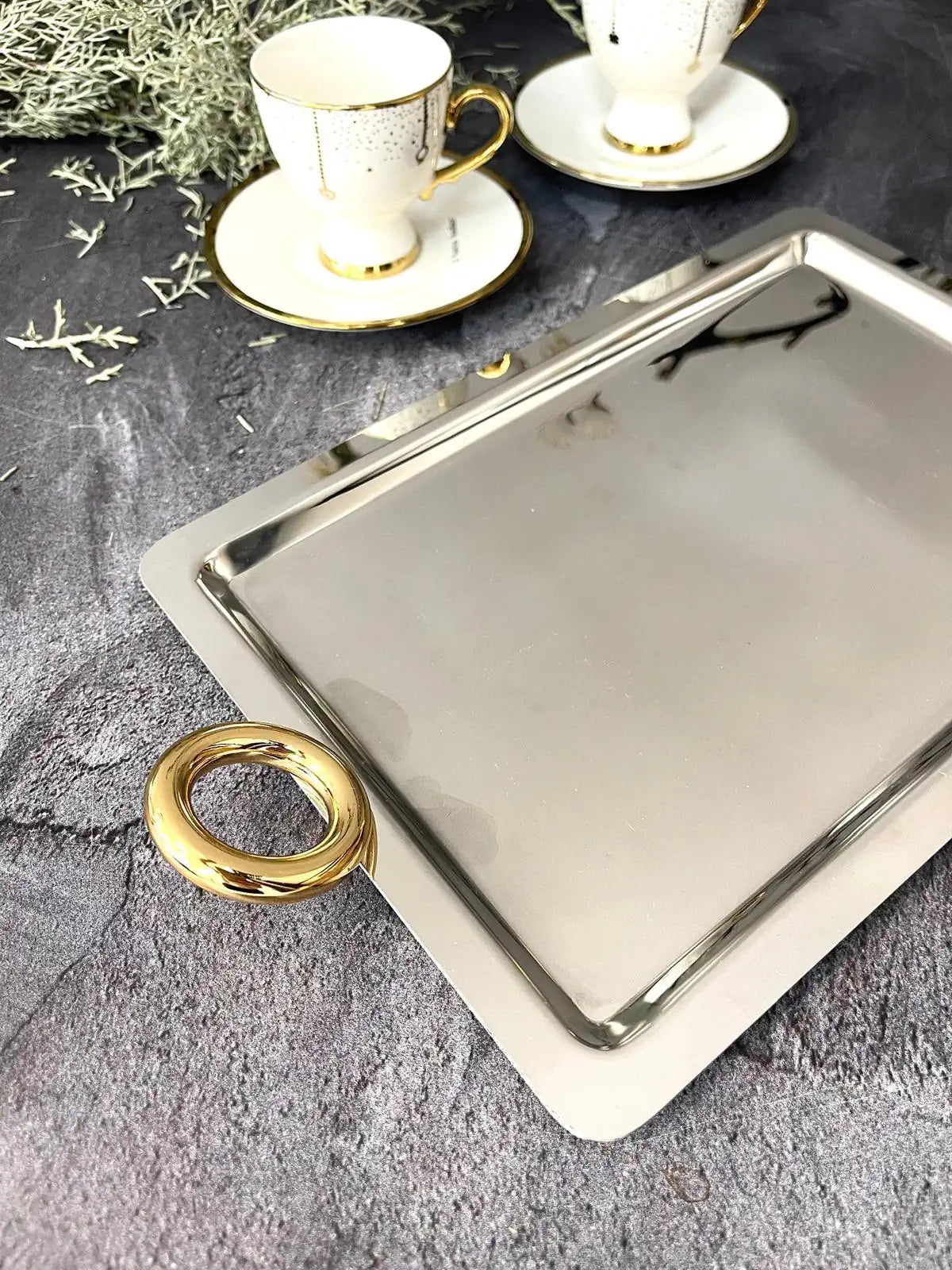 Dikdörtgen Altın Kulplu İkramlık Tepsi